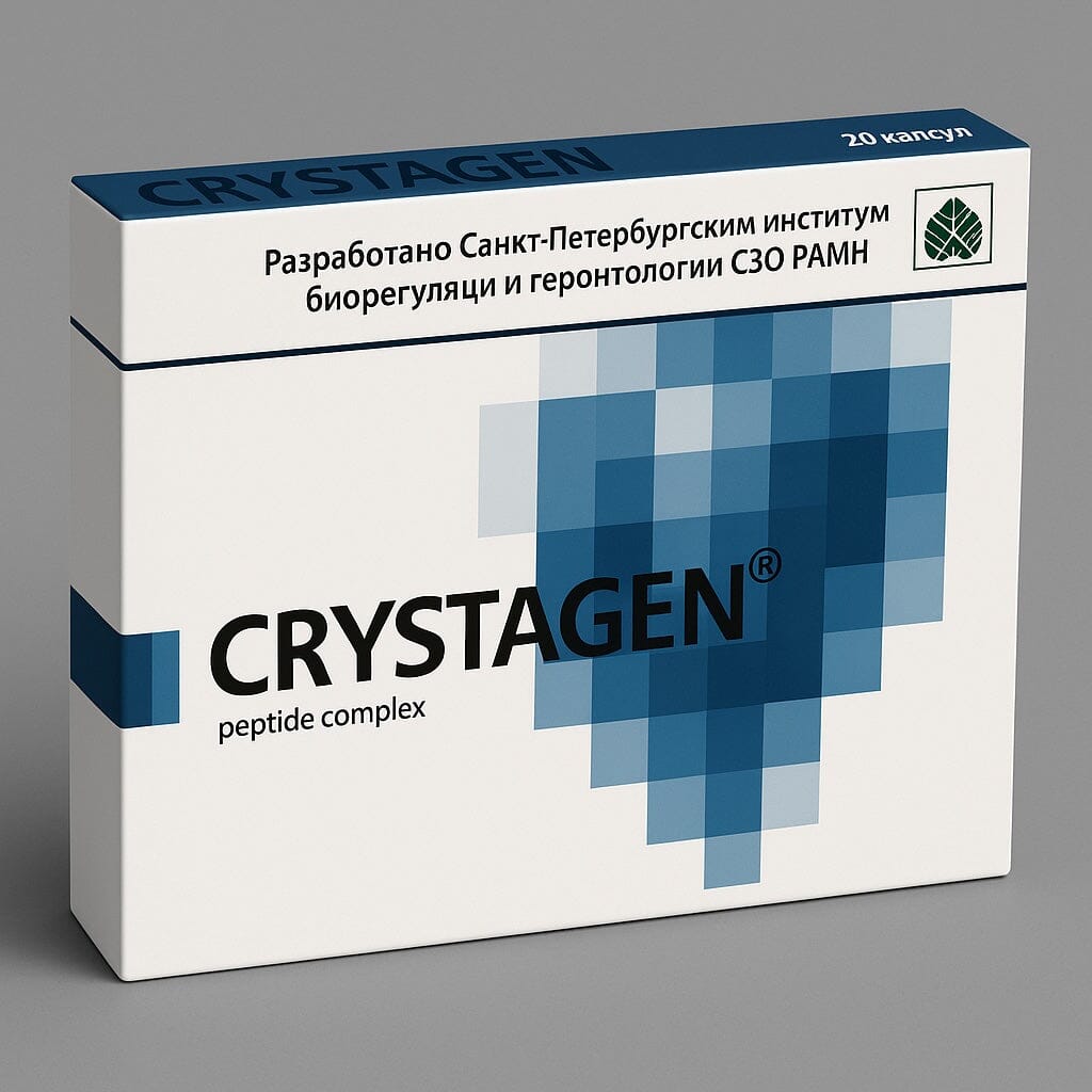 CRYSTAGEN peptide complex packaging on a gray background