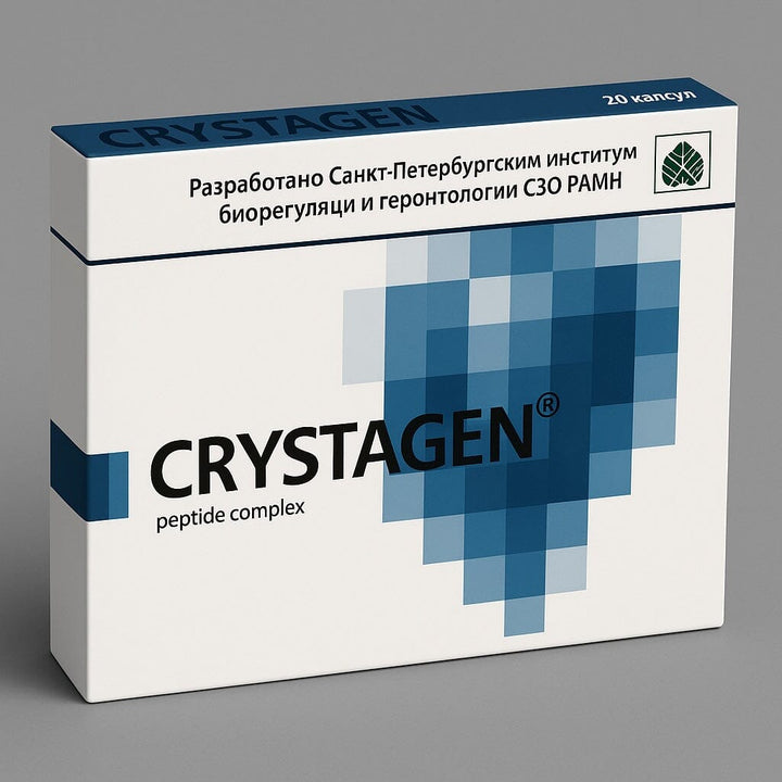 CRYSTAGEN peptide complex packaging on a gray background